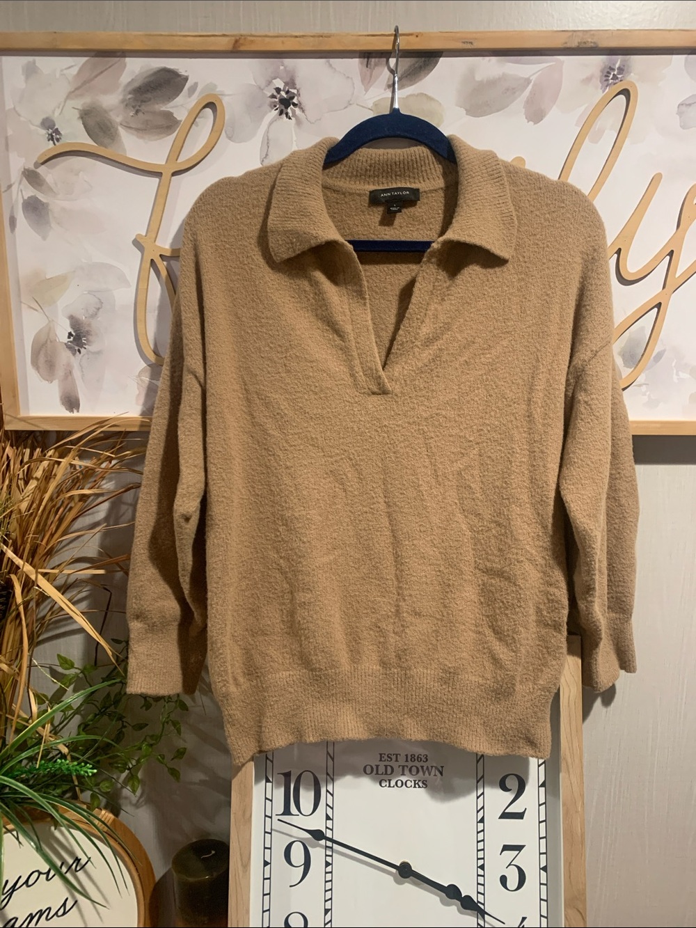 Ann Taylor V-Neck Collared Sweater - Camel Brown